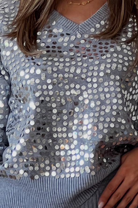 Women Casual V-Neck Sequin Pullover Sweater + Knitted Skirt Set