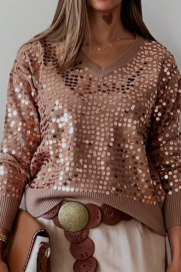 Women Casual V-Neck Sequin Pullover Sweater + Knitted Skirt Set
