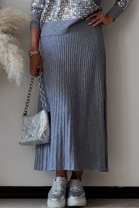 Women Casual V-Neck Sequin Pullover Sweater + Knitted Skirt Set