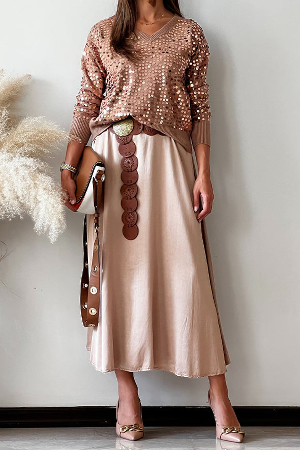 Women Casual V-Neck Sequin Pullover Sweater + Knitted Skirt Set