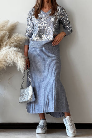 Women Casual V-Neck Sequin Pullover Sweater + Knitted Skirt Set