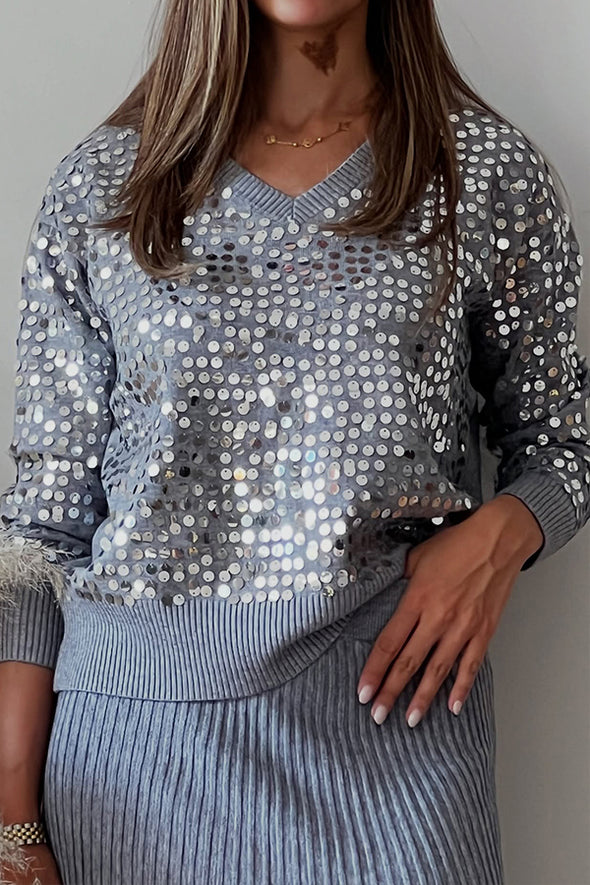 Women Casual V-Neck Sequin Pullover Sweater + Knitted Skirt Set