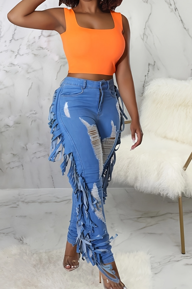 Womens Spliced tassel Scratch Casual Jeans