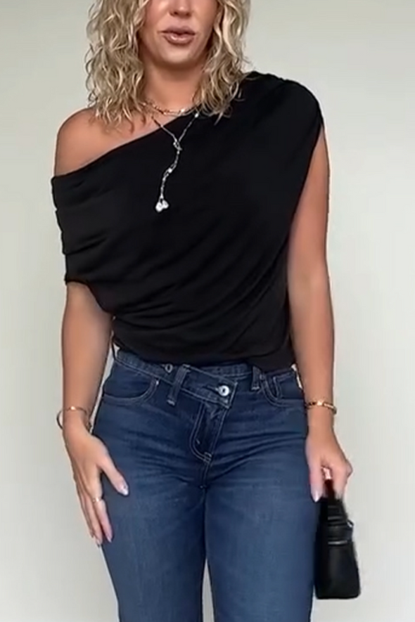 Women Oblique Collar Solid Color Top + Wash Jeans Casual Suit