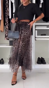 Women Round Neck Solid Color Top + Spliced Mesh Printed Skirt Casual Set
