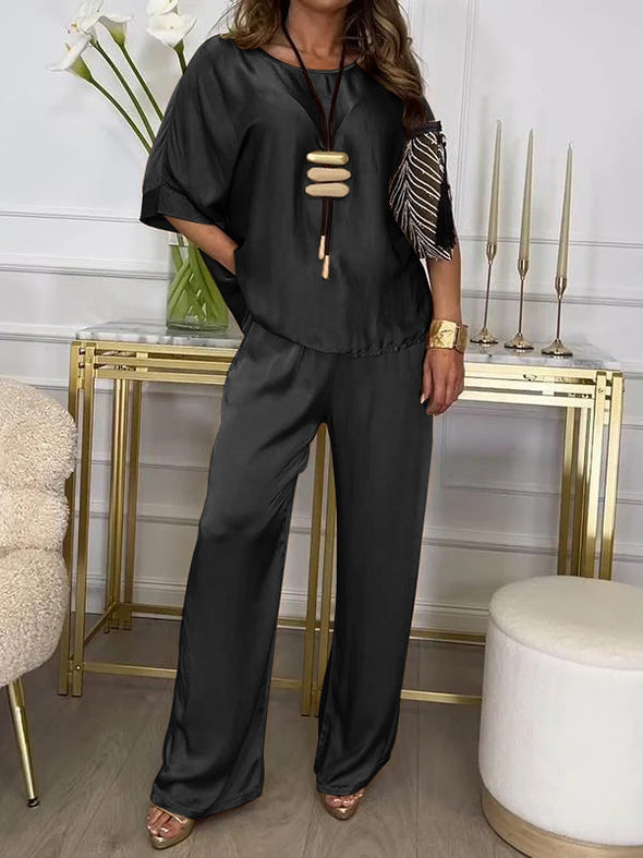 Casual Crew Neck Satin Suit