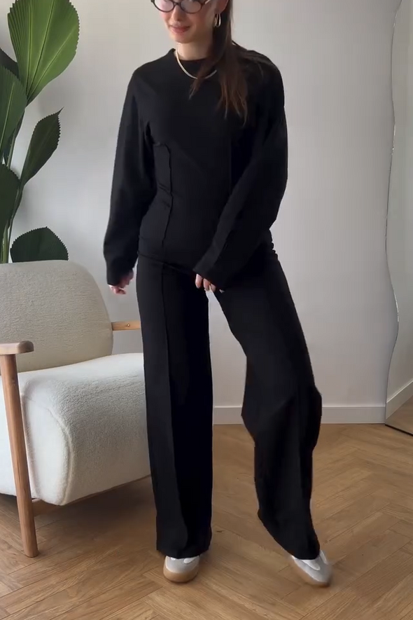 Women's Casual Round Neck Solid Color Slim Fit Long Sleeve Two Piece Suit