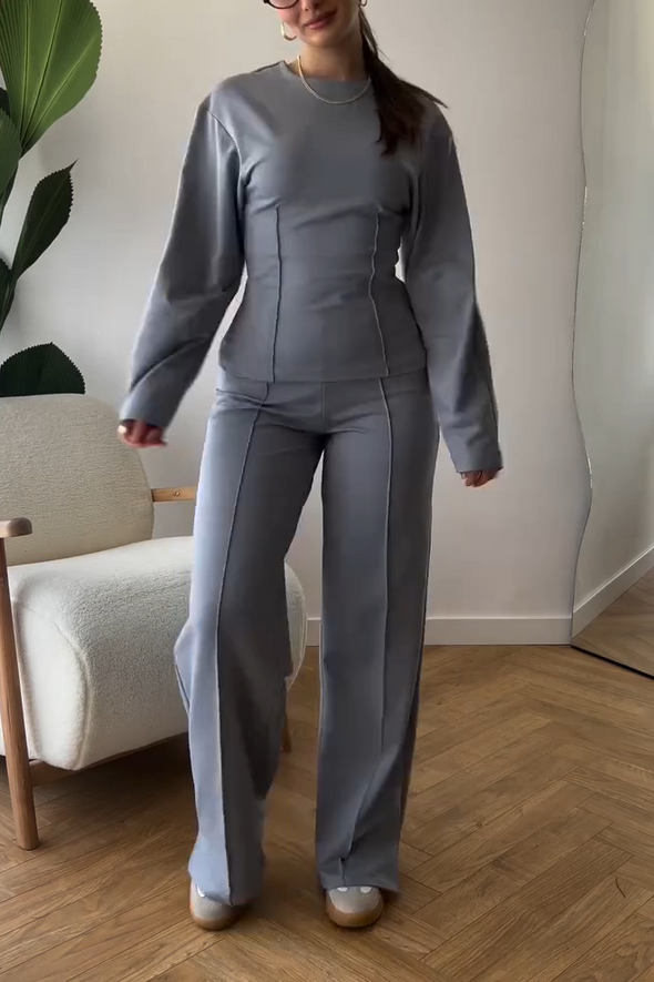 Women's Casual Round Neck Solid Color Slim Fit Long Sleeve Two Piece Suit