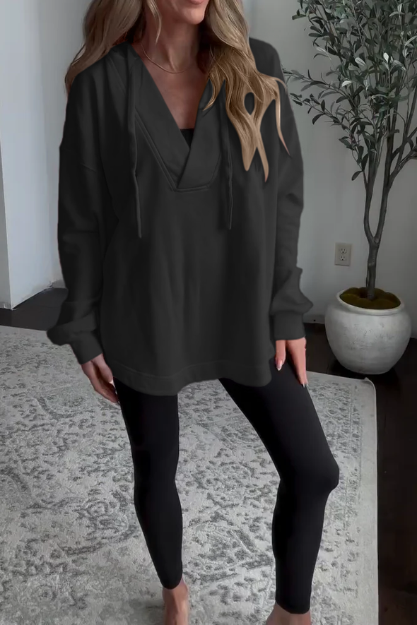 Women's Casual Solid Color V-Neck Hooded Sweatshirt