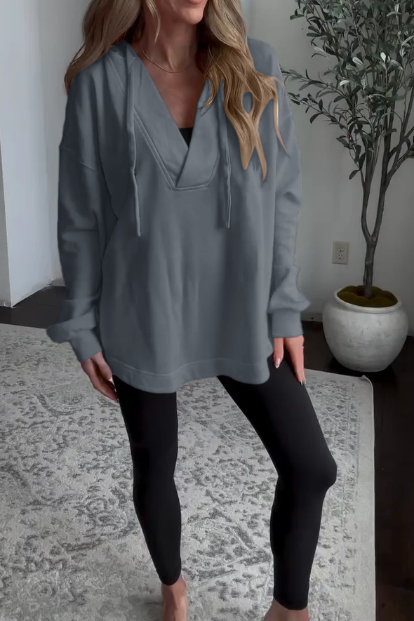 Women's Casual Solid Color V-Neck Hooded Sweatshirt