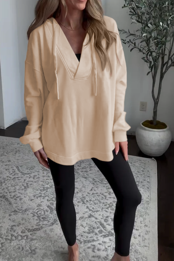 Women's Casual Solid Color V-Neck Hooded Sweatshirt
