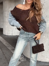 Women Round Neck Knitted Sweater Spliced Denim Casual Top