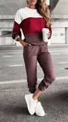 Women Round Neck Contrasting Top + Pants Casual Suit