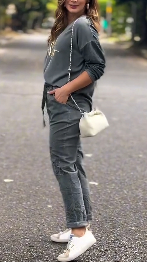 Women Round Neck Printed Top + Pants Casual Suit