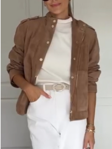 Women Lapel Buttoned Casual Jacket