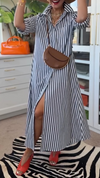 Women Lapel Vertical Striped Loose Casual Dress