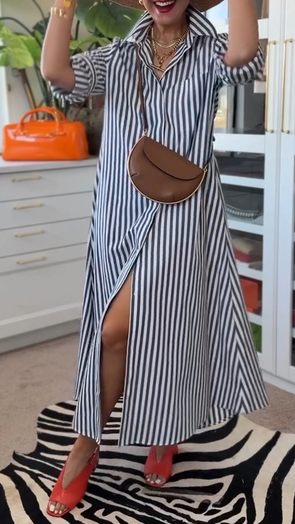 Women Lapel Vertical Striped Loose Casual Dress
