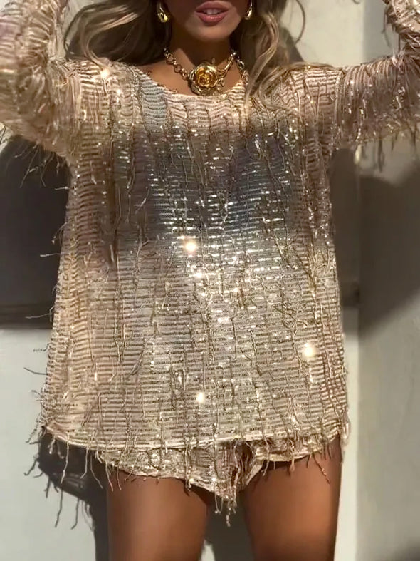 Women's Round Neck Tassel Sequined Casual Suit