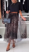 Women Round Neck Solid Color Top + Spliced Mesh Printed Skirt Casual Set