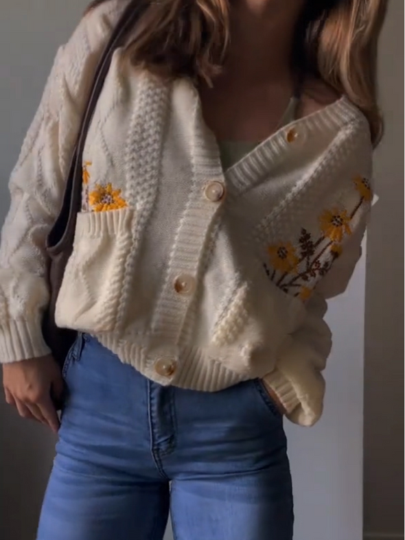 Women V-neck Button-down Printed Casual Sweater Cardigan