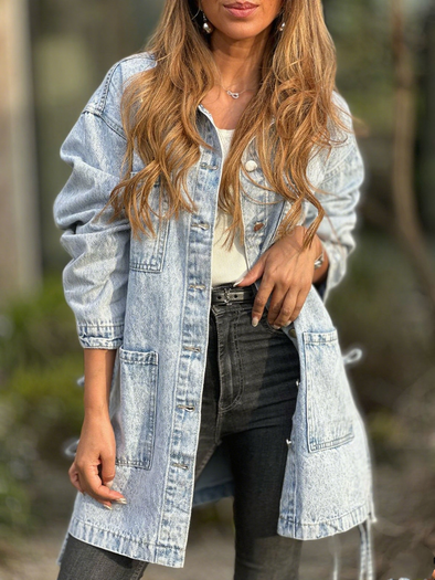 Womens Lapel Splicing Wash Water Casual Denim Jacket