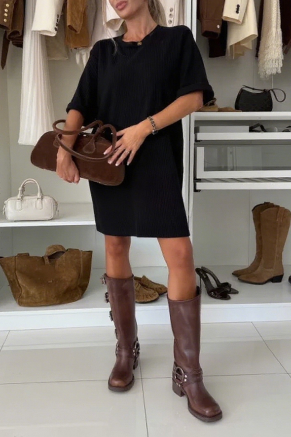 Women Round Neck Solid Color Loose Casual Dress
