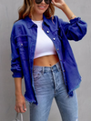Ladies Lapel Spliced Buckle Casual Denim Jacket