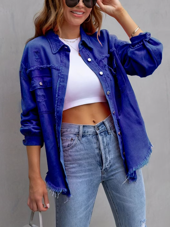 Ladies Lapel Spliced Buckle Casual Denim Jacket