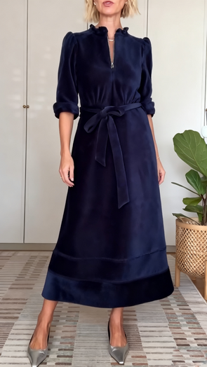 Women Round Neck Half Zip Waist Casual Dress