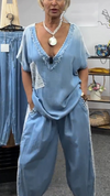 Ladies' V-neck Splicing Pearl Leisure Set