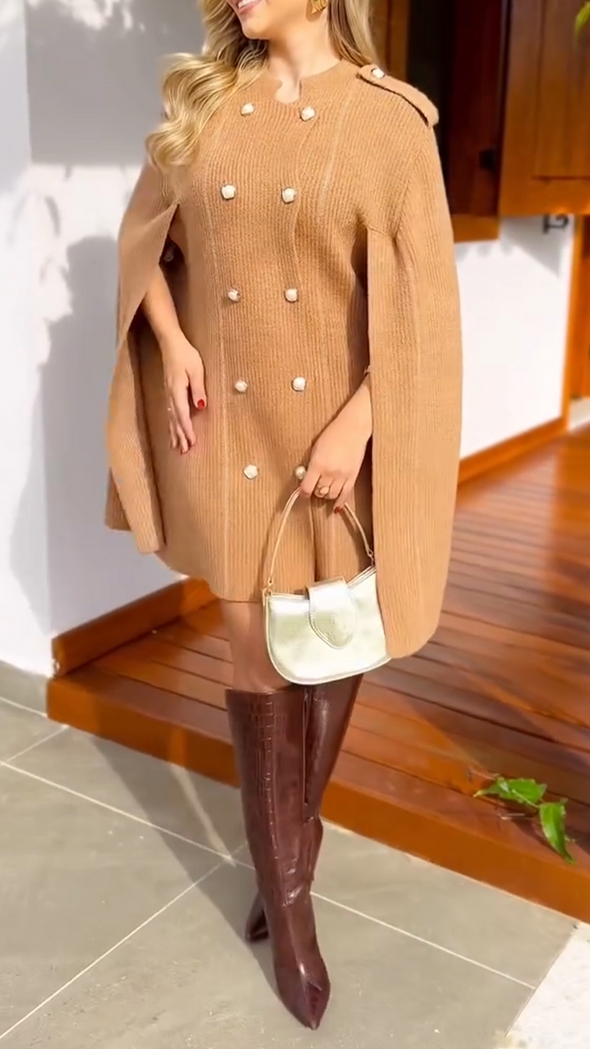 Women Round Neck Double-breasted Spliced Sleeves Temperament Casual Dress