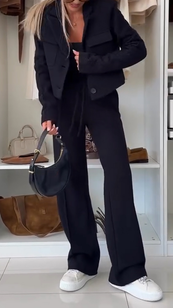 Womens Lapel Splicing Jacket + Pants Casual Suit
