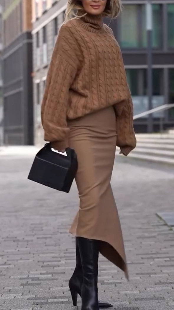 Women Turtleneck Knitted Sweater + Irregular Skirt Casual Set