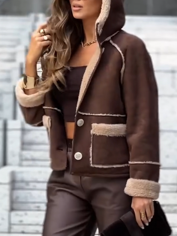 Womens Hooded Plush Spliced casual Jacket