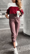 Women Round Neck Contrasting Top + Pants Casual Suit