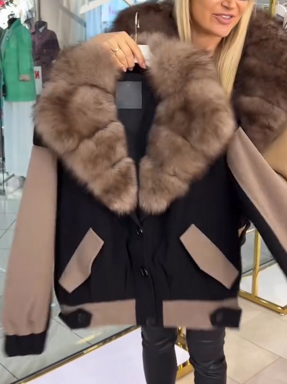 Women Fur Collar Contrasting Casual Coat