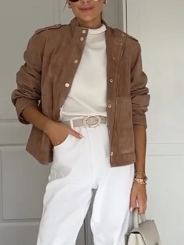 Women Lapel Buttoned Casual Jacket