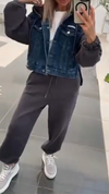 Women Denim Patchwork Hooded Jacket + Pants Casual Suit