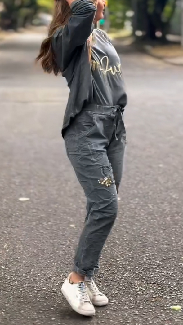 Women Round Neck Printed Top + Pants Casual Suit
