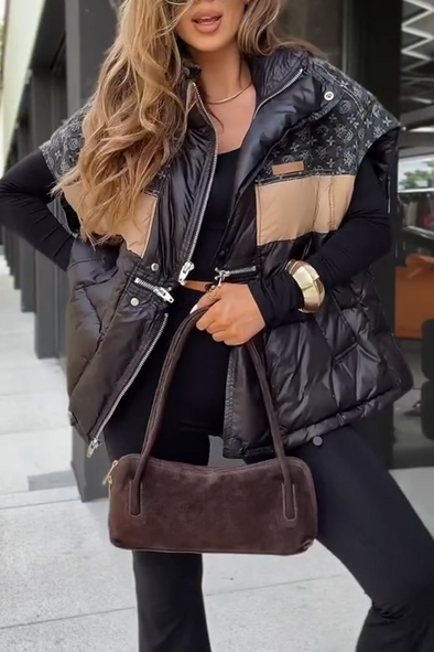 Ladies Lapel Print Patchwork Casual Vest