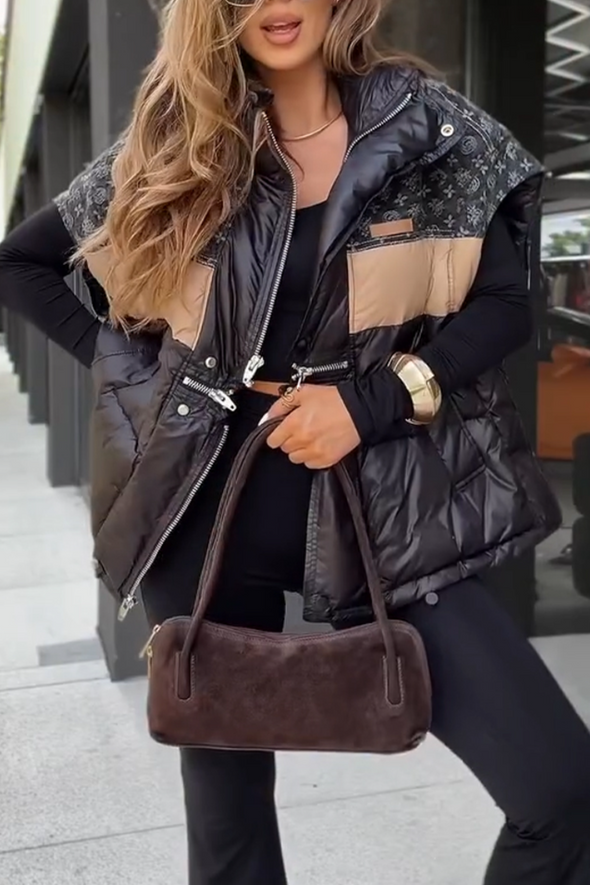 Ladies Lapel Print Patchwork Casual Vest