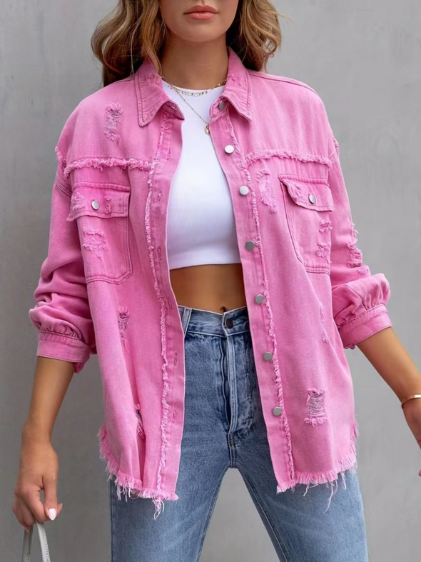 Ladies Lapel Spliced Buckle Casual Denim Jacket