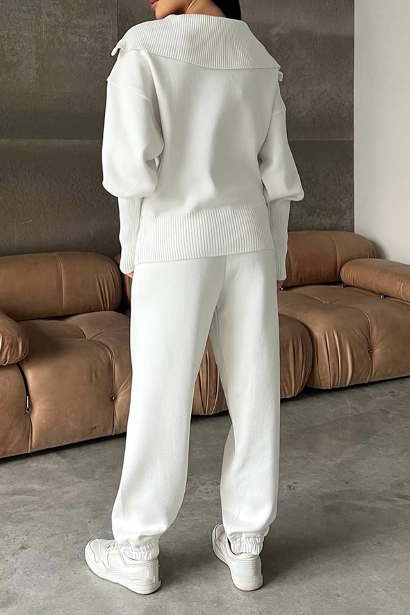 Women Lapel Half-zip Top + Pants Knitted Casual Suit