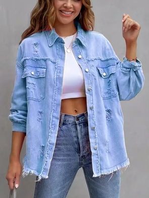 Ladies Lapel Spliced Buckle Casual Denim Jacket
