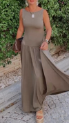 Women Round Neck Spliced Solid Color Casual Dress