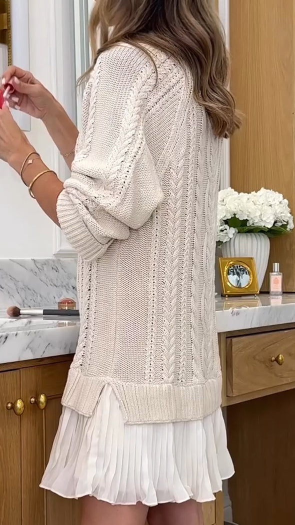 Women Round Neck Sweater Spliced Casual Dress