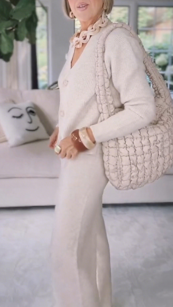 Women V-neck Knit Cardigan + Pants Casual Set