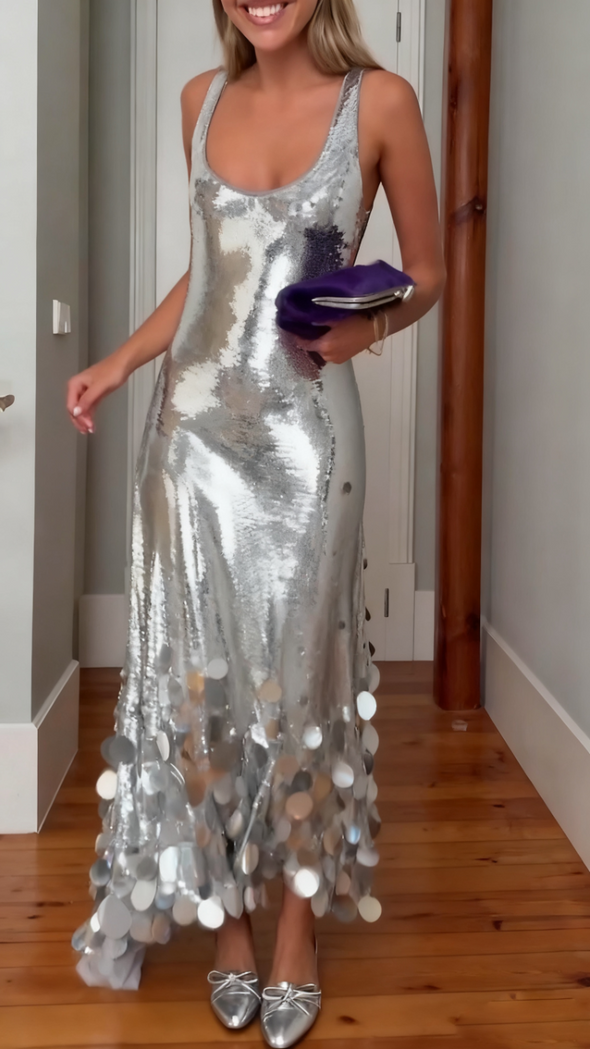 Women Suspender Silver Sequined Tassel Back Hollow Elegant Dress
