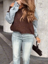 Women Round Neck Knitted Sweater Spliced Denim Casual Top