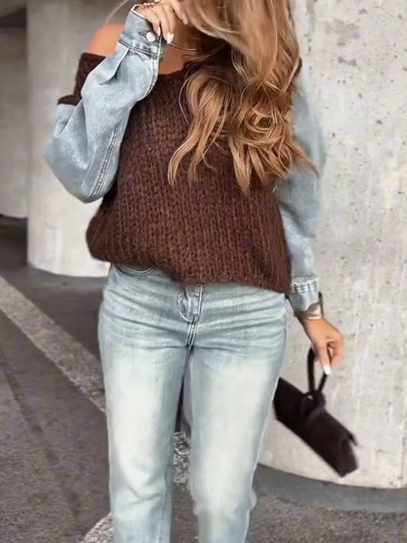 Women Round Neck Knitted Sweater Spliced Denim Casual Top